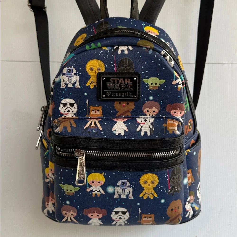 LOUNGEFLY STAR WARS CHIBI CHARACTER PRINT MINI BACKPACK R2-D2 C3PO LUKE EWOK